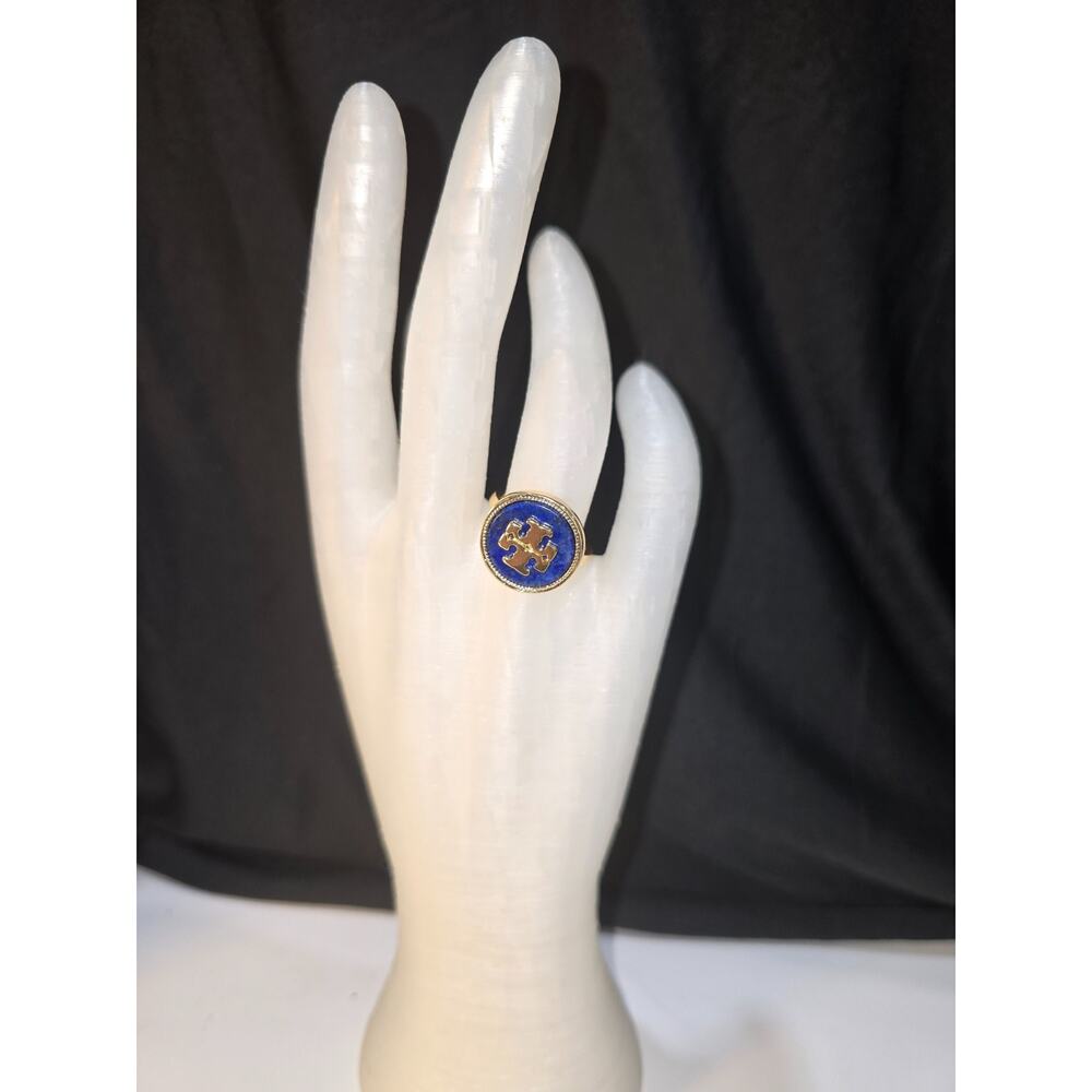 Tory Burch Kira Lazuli Blue w/Gold Logo Ring Size 8 - NWOT